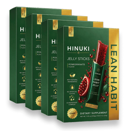 Zestaw 4 opakowań Hinuki — cztery zielone pudełka żelek Lean Habit, najpopularniejszy